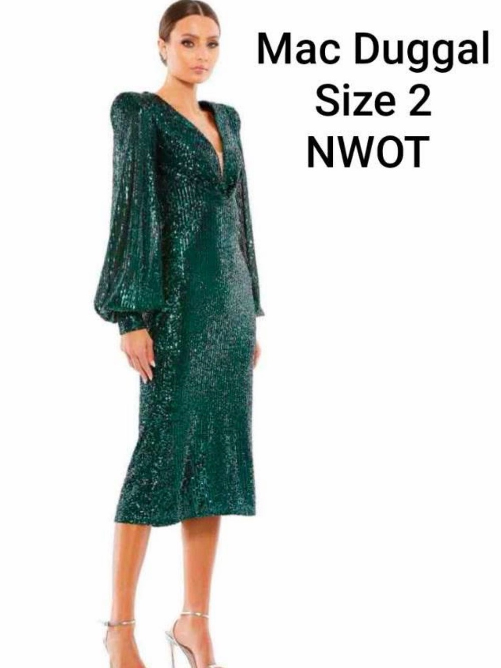 Mac Duggal Emerald Sequin V-Neck Puff Sleeve Midi Dress